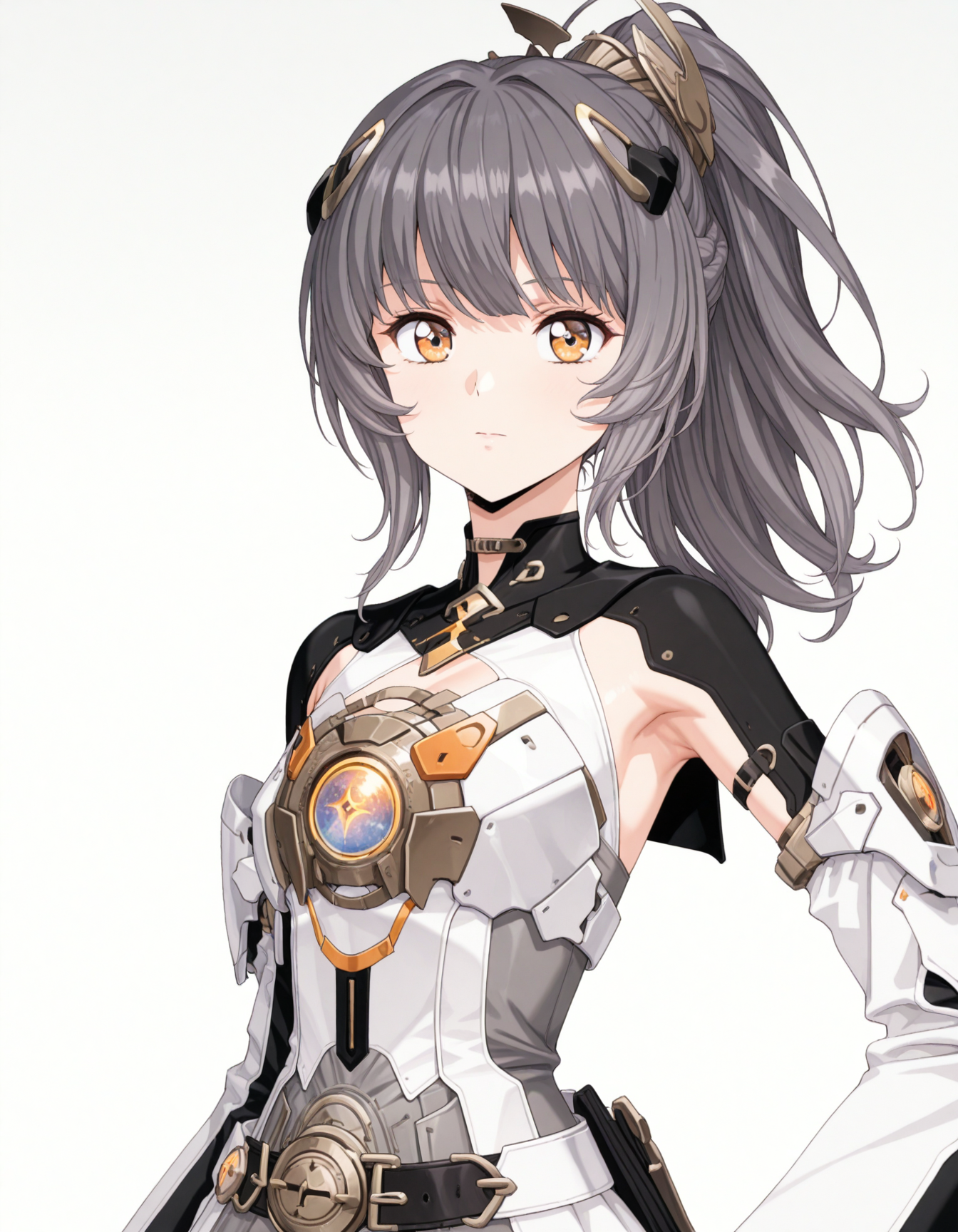 masterpiece,best quality,amazing quality,very aesthetic,high resolution,ultra detailed,perfect details,
<lora:mai_pgr_nanami_mxzj:1>,
mai_pgr_nanami_mxzj,1girl,solo,long_hair,looking_at_viewer,hair_ornament,dress,closed_mouth,yellow_eyes,grey_hair,ponytail,sidelocks,detached_sleeves,belt,official_alternate_costume,grey_background,white_dress,orange_eyes,clothing_cutout,headgear,high_ponytail,grey_dress,mechanical_arms,mechanical_parts,armpit_cutout,<lora:UrushiharaSatoshiNoob_byKonan:1>,retro artstyle,