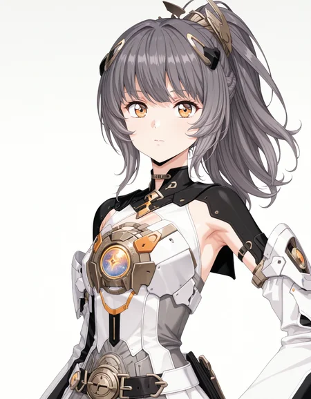 masterpiece,best quality,amazing quality,very aesthetic,high resolution,ultra detailed,perfect details,
<lora:mai_pgr_nanami_mxzj:1>,
mai_pgr_nanami_mxzj,1girl,solo,long_hair,looking_at_viewer,hair_ornament,dress,closed_mouth,yellow_eyes,grey_hair,ponytail,sidelocks,detached_sleeves,belt,official_alternate_costume,grey_background,white_dress,orange_eyes,clothing_cutout,headgear,high_ponytail,grey_dress,mechanical_arms,mechanical_parts,armpit_cutout,<lora:UrushiharaSatoshiNoob_byKonan:1>,retro artstyle,