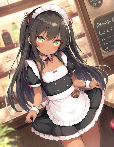 ((ultra-detailed)), ((best quality)), ((beautiful eyes)), ((extremely detailed)), 4K, (8K), best quality, (beautiful), Master piece, highres, best quality, official art, highres, masterpiece, newest,1girl, solo, dark-skinned girl, black hair, long hair, green eyes, :(, small breasts, bangs,maid outfit, maid cafe, standing, looking at viewer, dutch angle, detailed background, coloprful, cheerful,