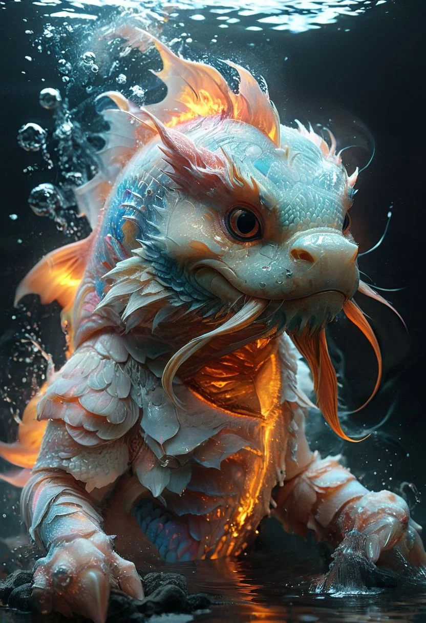 A giant mystic smiling fmb armored (koi-carpius-mechus:1.2) that is repelling (neon water:1.1), 8k, resembling an fire-element in pastel neon striped knitted fluffy bodysuit with HR Giger inspired giant shoulder pads, crepuscular rays, volumetric lighting, ultra detailed