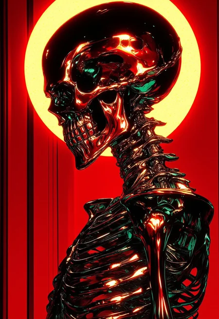A digital artwork featuring a hyper-stylized depiction of a human skeleton in side profile, viewed from the left, with its bones rendered in metallic silver chrome, gleaming with an ultra-glossy, mirror-like sheen. Strong crimson backlight subtly tints the edges of the metal, creating a striking interplay of light and reflection. Subtle hints of emerald green shimmer across the chrome surface, adding depth and an otherworldly allure. Intricate line work and meticulous shading enhance its three-dimensional realism, blending anatomical precision with artistic abstraction. Positioned along the left vertical third, the skeleton follows the rule of thirds for a balanced composition. Above its head, a radiant, glowing golden halo casts celestial light, its warm glow contrasting against the cool metallic sheen. The background is deep, glowing crimson, pulsating softly, intensifying the reflective effects on the skeleton’s surface. The interplay of hyper-glossy silvers, the glowing red environment, and the golden halo creates a futuristic yet divine aesthetic. The clean, sharp edges and stylized rendering bring a modern, high-impact visual, while the minimalist approach focuses attention on the luminous metallic form. **HD, 8K quality, ultra-detailed, masterpiece artwork.**