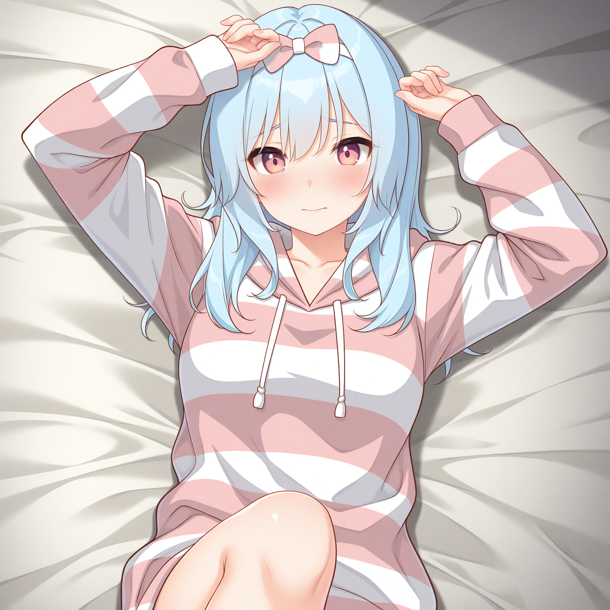 <lora:Karakuchi_Hibana_1_nai-000043:1>,Karakuchi Hibana,
white hairband,bow hairband,striped bow,pink bow,white bow,striped hoodie,pink hoodie,long sleeves,sleeves past wrists,hood down,
BREAK
1girl,solo,on bed,lying,on back,front view,looking at viewer,arm above head,straight-on,knee up,blush,shy,