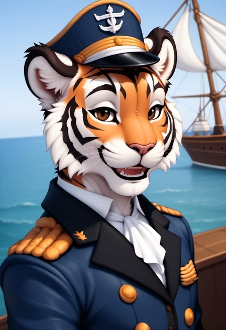 anthro, femboy, male tiger, tufted fur, tufted ears, cheast tuft, tiger tail, detailed fur, tiger teeth, sweaty body, orange fur, black hair, brown eyes, happy smile, on criuse ship, ship captain outfit, ship captain hat, solo, sea, captain suit,