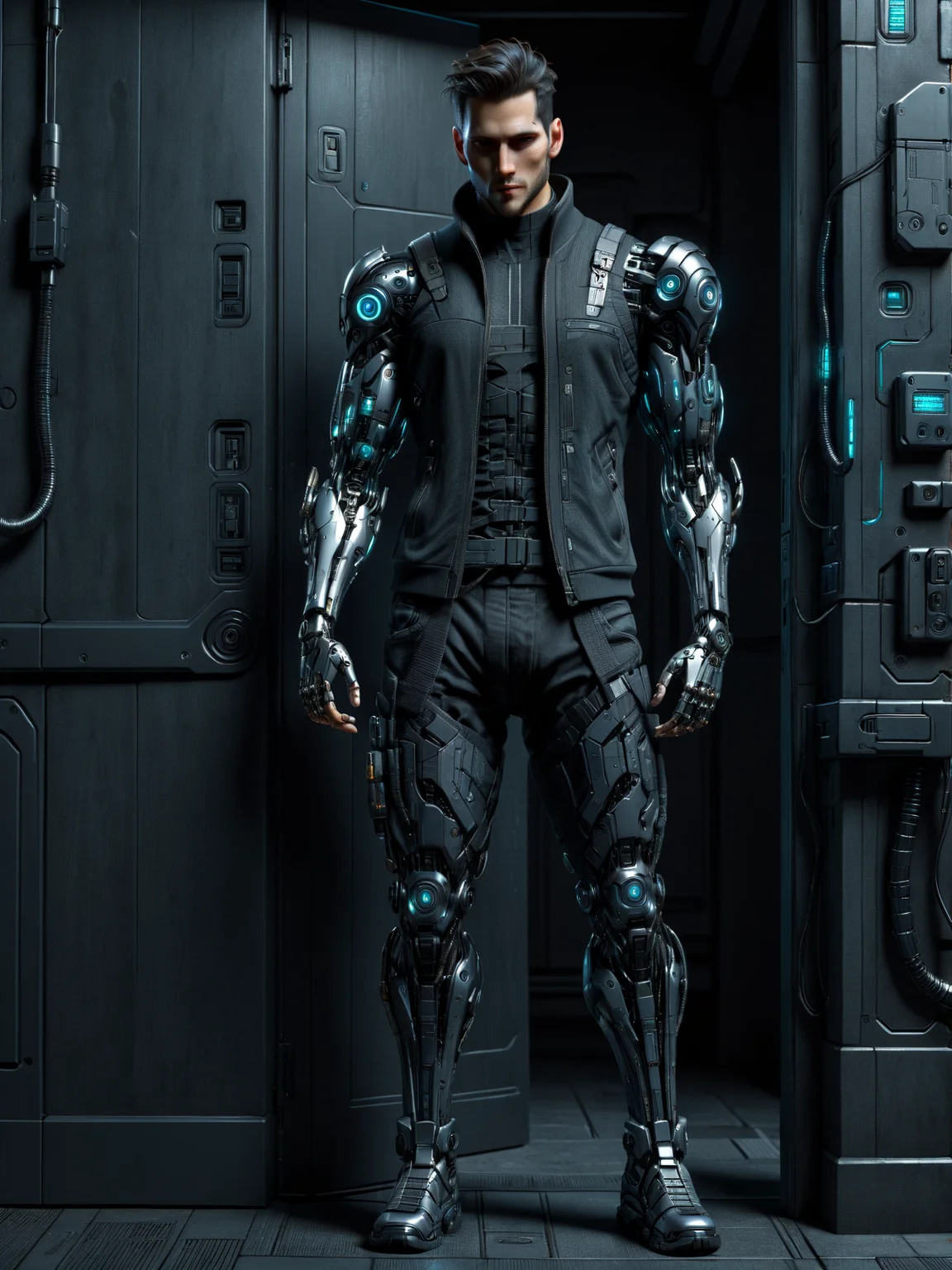 man, cyberarm, cyberpunk, <lora:Neon_Cyberpunk_SDXL_Cyberware:0.8> Standing in the doorway pose, (masterpiece:1.2), best quality, (hyperdetailed, highest detailed:1.2), high resolution textures