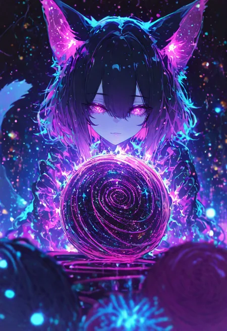 (EyesHD:1.2), (4k,8k,Ultra HD), masterpiece, best quality, ultra-detailed, very aesthetic, sharp focus, depth of field, vibrant colors, ray tracing, best lighting, detailed illustration, detailed background, cinematic, glowing particles, shinny, glitter, beautiful face, beautiful eyes, cat girl, yarn ball, den,