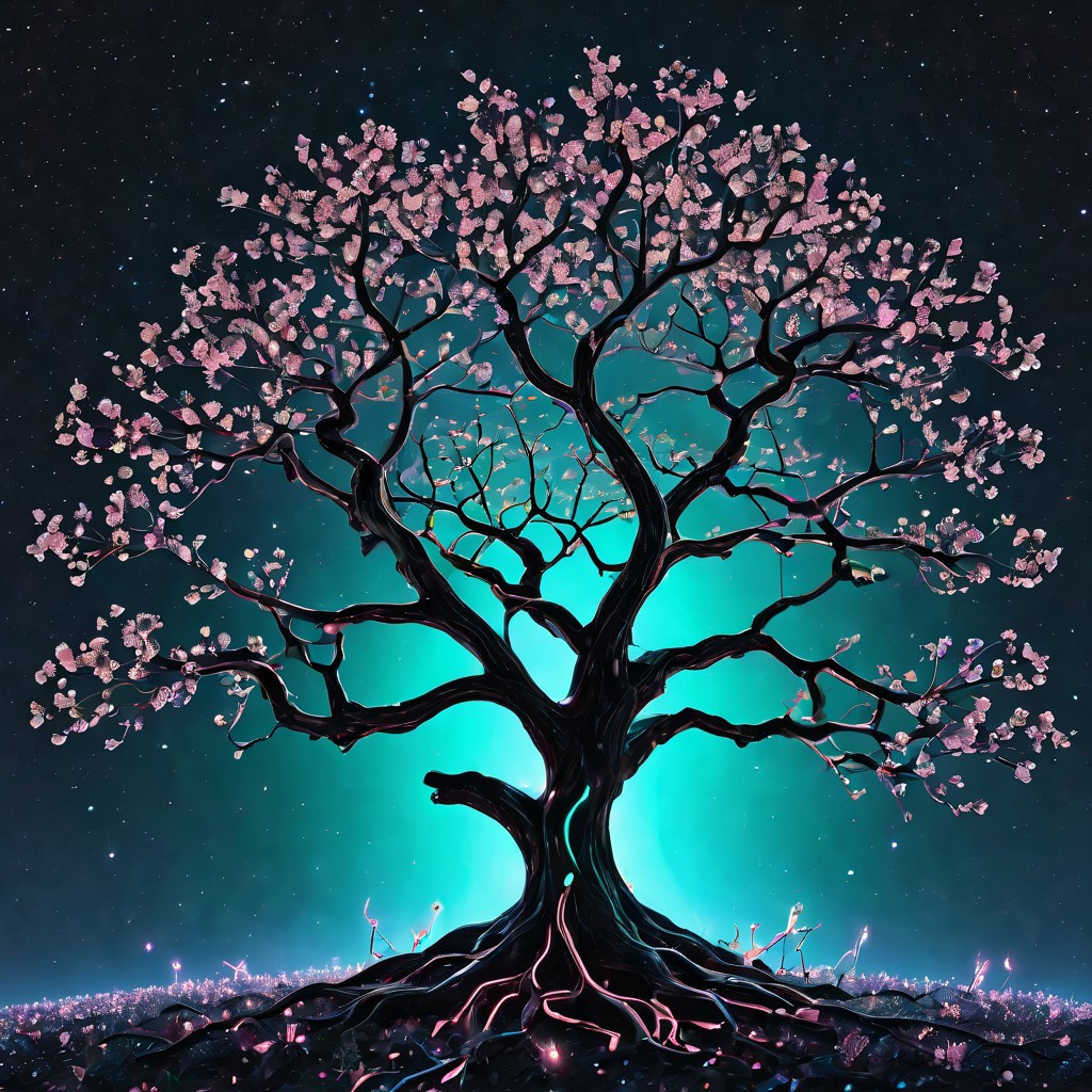 biolumen, cherry blossom tree,universe,luminous leaf, galaxy, night sky, BL4CK3STBL4CK, black_theme, matte_color, flat color