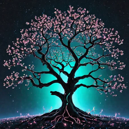 biolumen, cherry blossom tree,universe,luminous leaf, galaxy, night sky, BL4CK3STBL4CK, black_theme, matte_color, flat color