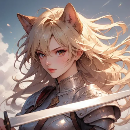 (score_9), (score_8_up), (score_7_up), (score_6_up), (score_5_up), (score_4_up), (masterpiece), best quality, detailed eyes, female, medium breasts, dog ears, dog tail, half plate armor, blonde hair, long hair, brown eyes, holding longsword, standing, action pose