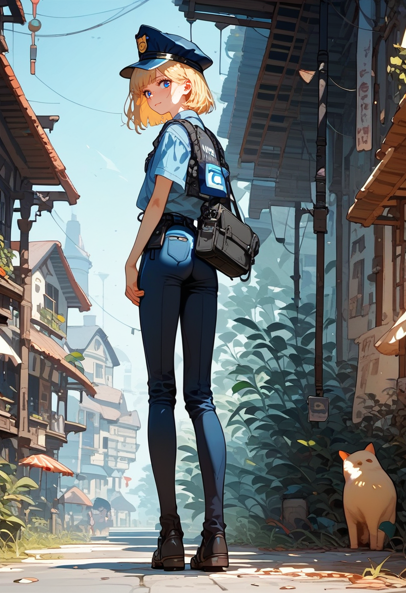 score_9, score_8_up, score_7_up, score_6_up, score_5_up, score_4_up, source_anime, 1girl, solo, 18yo, (slim face:1.5), (bangs:1.2), skinny, thin body, wide hips, thin thighs,
(full body:1.5),
from side,
from front,
<lora:age_slider_v4:2> <lora:Expressive_H:1><lora:Kenva:1><lora:naipf:0.7> 
1girl, solo, (full body:1.5), from behind, looking back, ass, small breasts, very short hair, blonde hair, blue eyes, light smile, police cap, shoulder bag, bottomless, police shirt, vest, outdoors, town,