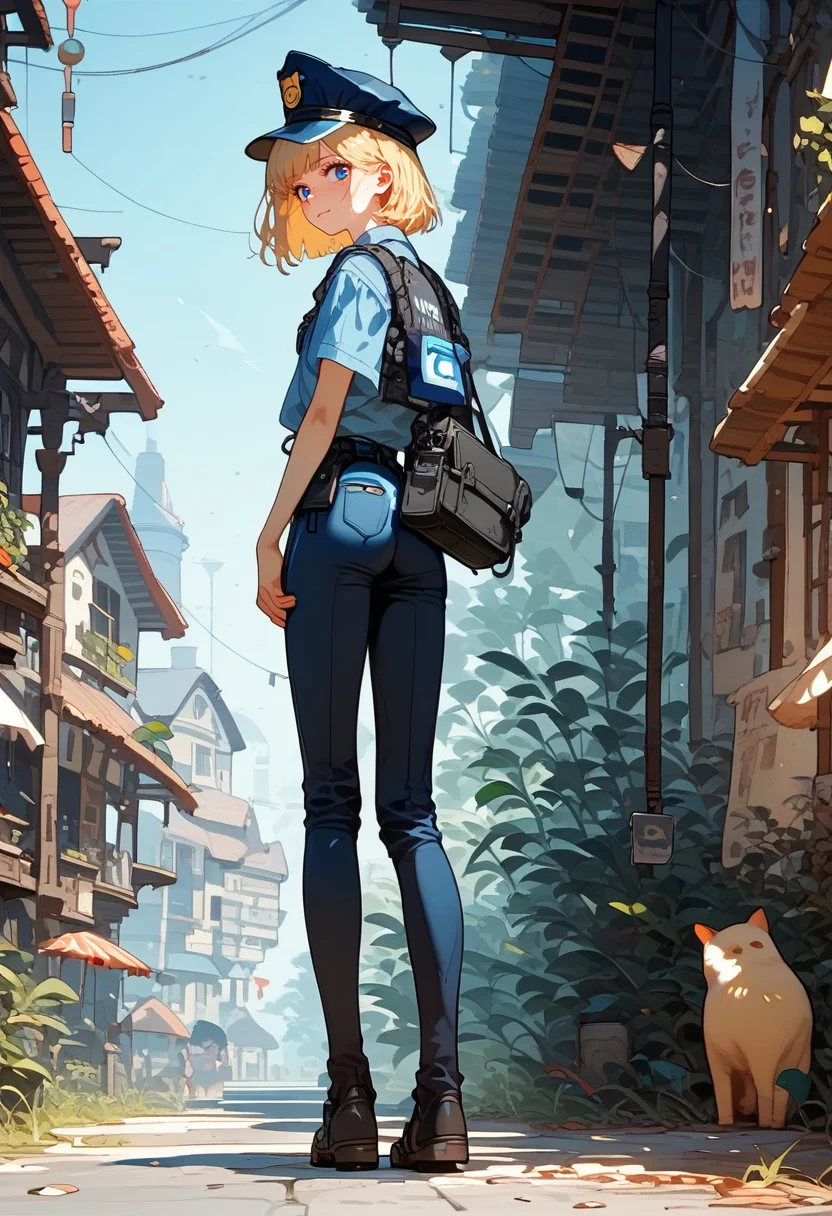score_9, score_8_up, score_7_up, score_6_up, score_5_up, score_4_up, source_anime, 1girl, solo, 18yo, (slim face:1.5), (bangs:1.2), skinny, thin body, wide hips, thin thighs,
(full body:1.5),
from side,
from front,
<lora:age_slider_v4:2> <lora:Expressive_H:1><lora:Kenva:1><lora:naipf:0.7>
1girl, solo, (full body:1.5), from behind, looking back, ass, small breasts, very short hair, blonde hair, blue eyes, light smile, police cap, shoulder bag, bottomless, police shirt, vest, outdoors, town,