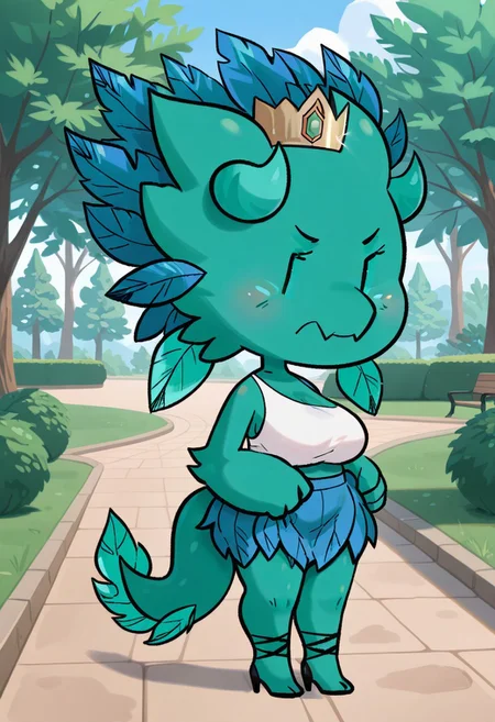 masterpiece, best quality, amazing quality, very aesthetic, high resolution, ultra-detailed, absurdres, newest, full body BREAK 1girl, solo, KP, anthro, furry female, lizard tail, green skin, chibi, black solid oval eyes, | |, white crop top, blue skirt, leaf, black high heels, strappy heels, gold crown, standing, looking at viewer, angry, outdoors, park