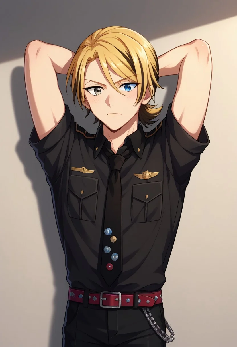 score_9, score_8_up, score_7_up, source_anime, highly detailed,
leonard, solo, blonde hair, black hair, two-tone hair, 1boy, male focus, necktie, black necktie, upper body, arms behind head, pants, belt, chain, uniform, arms up, black pants, shirt, heterochromia, short ponytail, blue eye, grey eye, black shirt, rolled up sleeves