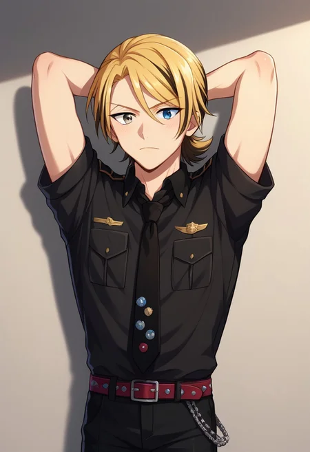 score_9, score_8_up, score_7_up, source_anime, highly detailed,
leonard, solo, blonde hair, black hair, two-tone hair, 1boy, male focus, necktie, black necktie, upper body, arms behind head, pants, belt, chain, uniform, arms up, black pants, shirt, heterochromia, short ponytail, blue eye, grey eye, black shirt, rolled up sleeves
