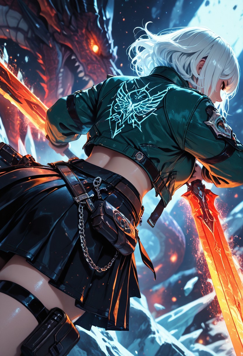 highres, very detailed, amazing quality, masterpiece,
very aesthetic,
particle effect,
1girl, holding sword, oversized weapon, engraved, chains, fusion, green jacket, belts, black tie, black skirt, pleated skirt, jacket, midriff, puches, thigh pouch, white hair, 
curvy,
action pose, dynamic angle, dynamic pose,
Dragons, dragon ice breath, blocking with sword, blocking dragons breath, 
Close up, depth of field, ray_tracing, cowboy shot, motion blur, foreshortening, cyberspace, surreal, very aesthetic, cinematic, glacier, 
From behind, view from behind,