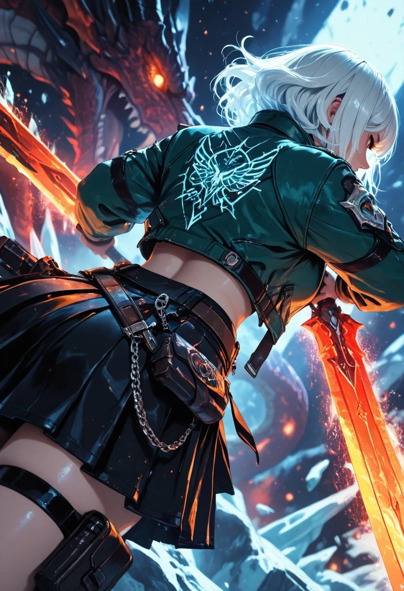 highres, very detailed, amazing quality, masterpiece,
very aesthetic,
particle effect,
1girl, holding sword, oversized weapon, engraved, chains, fusion, green jacket, belts, black tie, black skirt, pleated skirt, jacket, midriff, puches, thigh pouch, white hair, 
curvy,
action pose, dynamic angle, dynamic pose,
Dragons, dragon ice breath, blocking with sword, blocking dragons breath, 
Close up, depth of field, ray_tracing, cowboy shot, motion blur, foreshortening, cyberspace, surreal, very aesthetic, cinematic, glacier, 
From behind, view from behind,