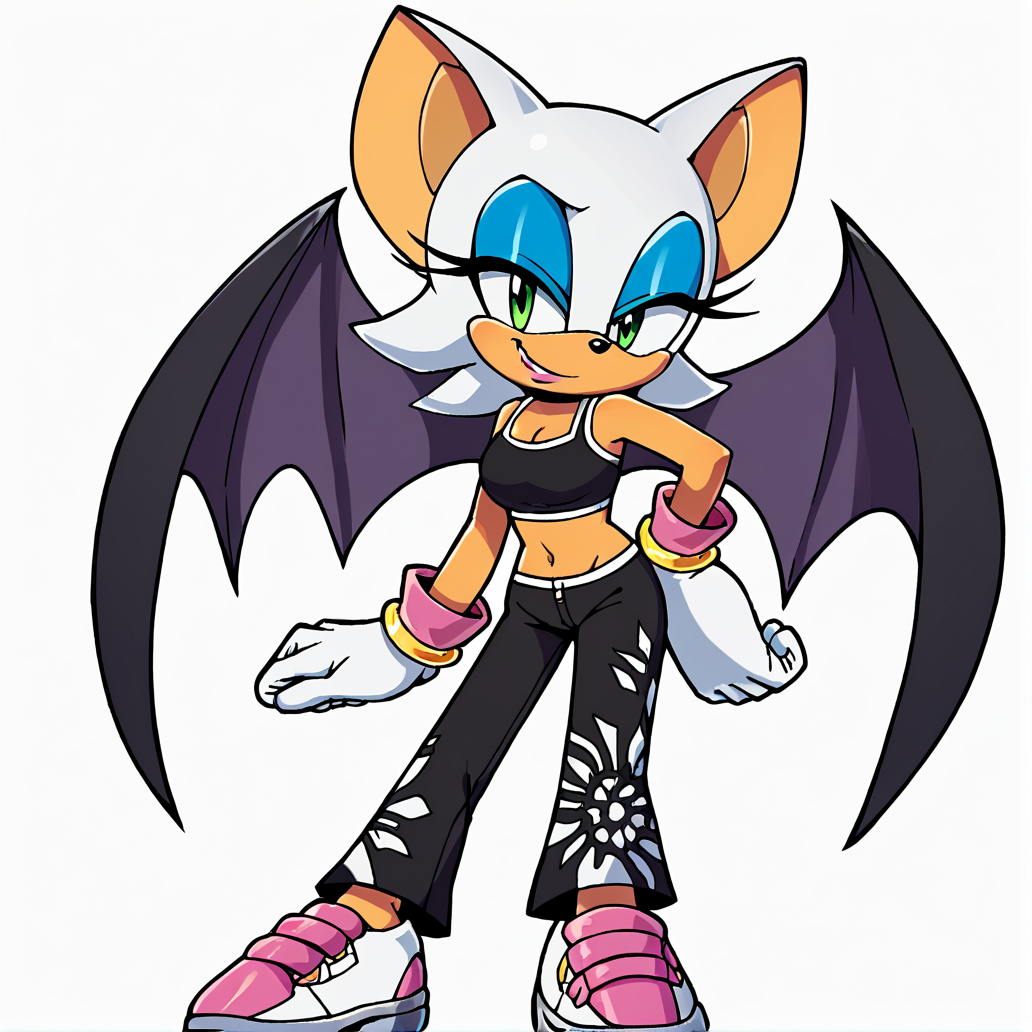 score_9, score_8_up, score_7_up, score_6_up, score_5_up, score_4_up, BREAK, <lora:Rouge_the_bat:1>, 1girl, solo, breasts, looking at viewer, smile, short hair, simple background, gloves, white background, navel, animal ears, bare shoulders, medium breasts, green eyes, standing, full body, white hair, shoes, sneakers, wings, alternate costume, fang, midriff, pants, white gloves, bracelet, crop top, hand on hip, makeup, black pants, happy, bat wings, lipstick, furry, eyeshadow, furry female, animal nose, blue eyeshadow, bat ears, Rouge the bat