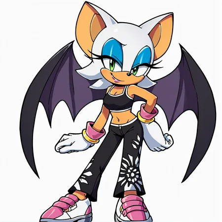 score_9, score_8_up, score_7_up, score_6_up, score_5_up, score_4_up, BREAK, <lora:Rouge_the_bat:1>, 1girl, solo, breasts, looking at viewer, smile, short hair, simple background, gloves, white background, navel, animal ears, bare shoulders, medium breasts, green eyes, standing, full body, white hair, shoes, sneakers, wings, alternate costume, fang, midriff, pants, white gloves, bracelet, crop top, hand on hip, makeup, black pants, happy, bat wings, lipstick, furry, eyeshadow, furry female, animal nose, blue eyeshadow, bat ears, Rouge the bat