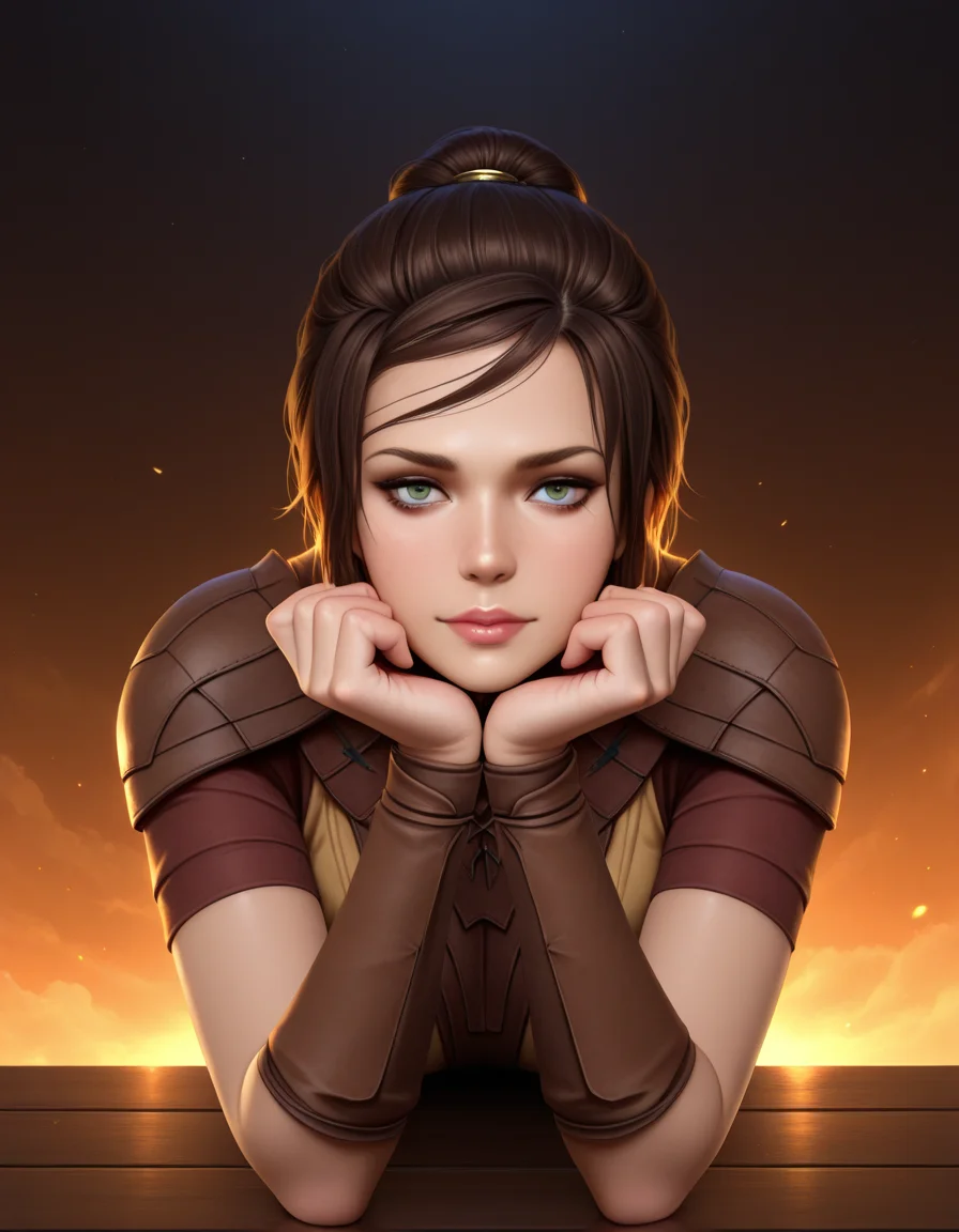 Masterpiece, high-res, 2k, best quality, 2.5d, realistic, 1 girl, bastila shan <lora:bastila_shan_illus-000034:1> On her stomach with head resting on her hands