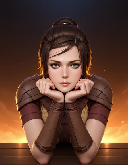 Masterpiece, high-res, 2k, best quality, 2.5d, realistic, 1 girl, bastila shan <lora:bastila_shan_illus-000034:1> On her stomach with head resting on her hands