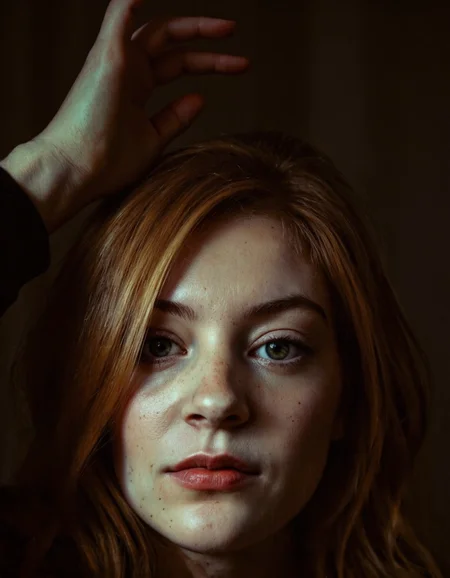 horror style Rembrandt style Instagram influencer post that gets a lot of likes because she looks so sexy. She has reddish blonde hair, <lora:Lexi_Nova_A_Fictional_Woman:1> . Baroque, chiaroscuro, realistic, emotional, "flat lighting . dark, eerie, gothic, macabre