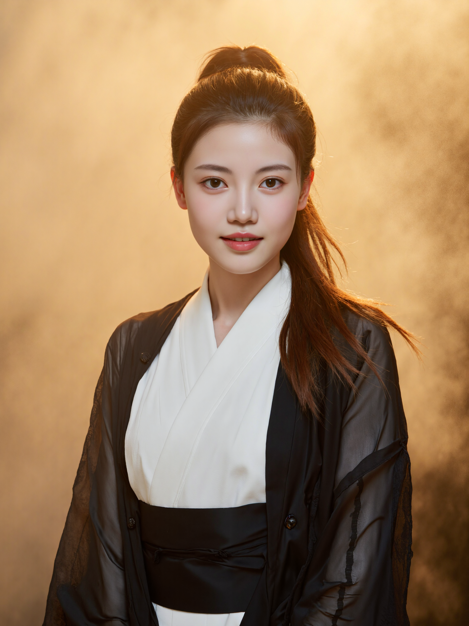This is a high-resolution photograph featuring a young Asian woman with a fair complexion and long, dark brown hair tied in a high ponytail. She is wearing a traditional Japanese kimono with black and white colors, featuring a sheer black outer layer over a white inner layer. The kimono is tied with a black obi belt at the waist. Her expression is neutral, with slightly parted red lips and subtle makeup highlighting her features. The background is a a cloud of diffused golden light with smoke-like effects. The image is well-lit with even lighting, creating a soft, diffused effect. The camera angle is straight-on, capturing her from the waist up, centered in the frame, adhering to the rule of thirds for balanced composition.