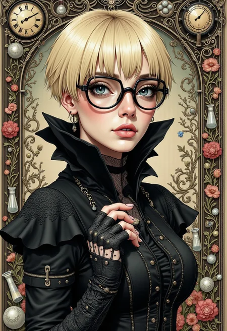 a beautiful woman with cropped very light pastel pixie blonde hair and large rimless glasses, year 2025 fashion inspiration, victorian punk aesthetic, future punk, apothecary jars, measurements, beakers, funeral-chic, transhumanistic grunge, black clothes, anarchy-core, our rights are being taken away, protest chic
Detailed hand, Hand, Perfect hand