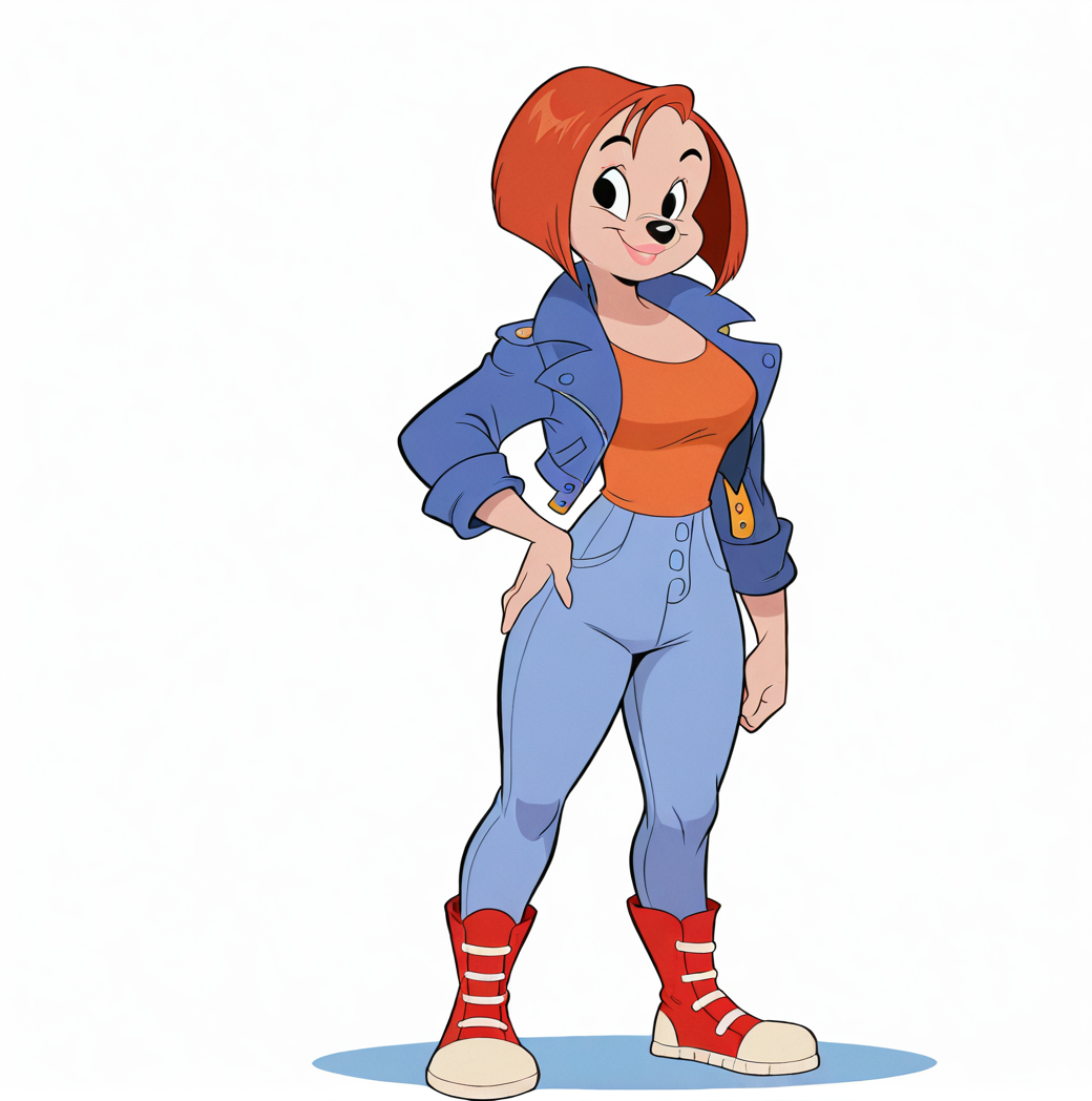 <lora:debbiedune_illustrious:1>, Debbie Dune, 1girl, solo, breasts, looking at viewer, smile, standing, full body, boots, pants, black eyes, hand on hip, blue jacket, red footwear, cropped jacket, orange hair, short hair, animal nose, jeans, blue pants, furry female, furry, jacket, denim, orange shirt, lips, lipstick, (masterpiece), (best quality), (ultra-detailed), amazing quality, very aesthetic, illustration, perfect composition, intricate details, absurdres, incredibly absurdres,
