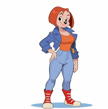 <lora:debbiedune_illustrious:1>, Debbie Dune, 1girl, solo, breasts, looking at viewer, smile, standing, full body, boots, pants, black eyes, hand on hip, blue jacket, red footwear, cropped jacket, orange hair, short hair, animal nose, jeans, blue pants, furry female, furry, jacket, denim, orange shirt, lips, lipstick, (masterpiece), (best quality), (ultra-detailed), amazing quality, very aesthetic, illustration, perfect composition, intricate details, absurdres, incredibly absurdres,
