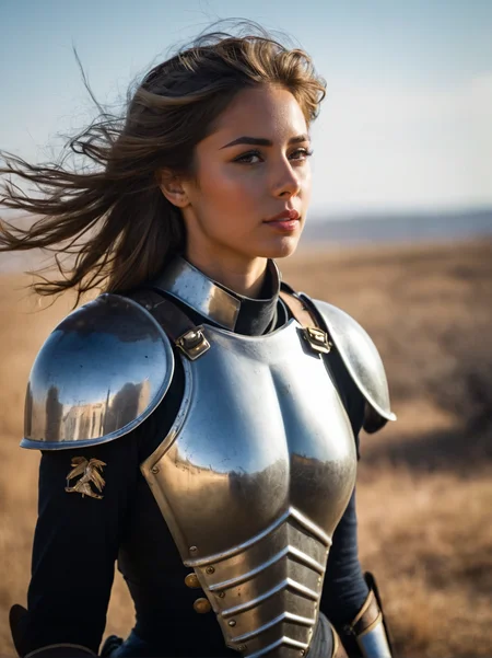 A dynamic cinematic photograph of Jenna_Sims_P_MXAI_SDXL:1.2 , wearing full plate armor, in a battlefield, windblown hair, smudges, dirt, windblown hair,, SK_CINEMATIC, ziprealism