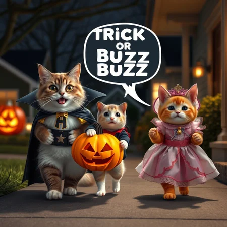 Ultra realistic. white grey brown happy cat with a vampire costume, a small hamster with hero costume,  a orange cat on a princess costume carring a carved pumpkin with candies,  walking on a suburban street, trick or treating houses, midnight light, on a porch house, yelling "Trick or Buzz" text in white letters inside a text balloon