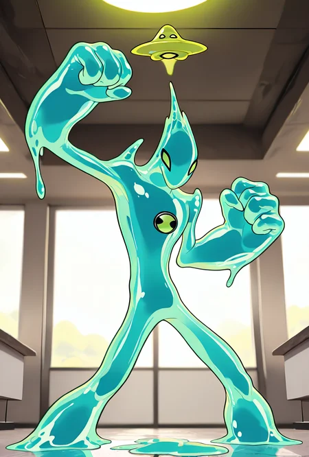 <lora:goop-09:1> goop, solo, no humans, male focus, blue skin, pokemon (creature), slime (substance), translucent character, transparent skin, floating small yellow ufo on head, dynamic pose, stretchy limbs, blue slime, massive hands,
no legs, ready to punch, inside factory, slime puddle, masterpiece, best quality, amazing quality, very aesthetic, absurdres, newest,
