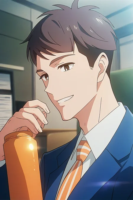 (score_9, score_8_up, score_7_up),(source anime, best quality, best aesthetic, perfect anatomy),1boy,kentaro momose,male_focus,handsome detailed face,black eyes,black jacket,blue jacket,collared shirt,slim body,skinny,orange necktie,solo,modern office,handsome stylish pose,close-up,smile,teeth,<lora:aesthetic_anime_v1s:0.9>,<lora:Kentaro Momose_PDXL:0.85>,