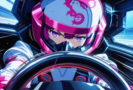 masterpiece, best quality, ultra detailed, highres,4k,(ultra-detailed:1.4) (illustration:0.5), (ray tracing,:0.8),(anime colored:0.7),(ai-generated:0.5),
1girl,solo,
polterp5x, magenta hair, bob cut, purple eyes
under the helmet,
pressure, sweat,
<lora:cyberformuladriverseatXL1:1>,cyberformuladriverseat,
cockpit,,canopy, driving,grey pilot suit,pilot helmet, gloves,F1 steering wheel,seatbelt,vehicle interior,
motion blur,motion lines,speed lines,
