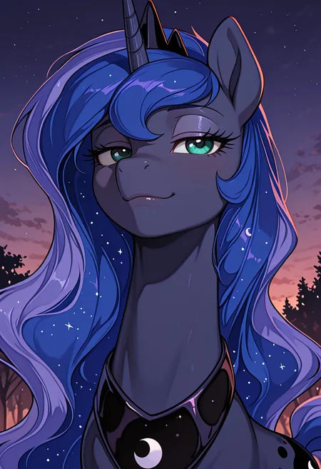 masterpiece, best quality, amazing quality, very aesthetic, absurdres, newest, solo. pony, mare, N1j1, Princess Luna, Princess Luna is an alicorn, her body is the dark blue of the night sky, Her mane and tail are long and wavy, Her eyes are green, She wears a crescent-shaped ornament on her neck, and a crown on her head, sassy_expression, arrogant face, moody_atmosphere, arrogant_facial_expression, outdoors, dusk, moon_behind, slightly_close_up, maybe_face_focus,