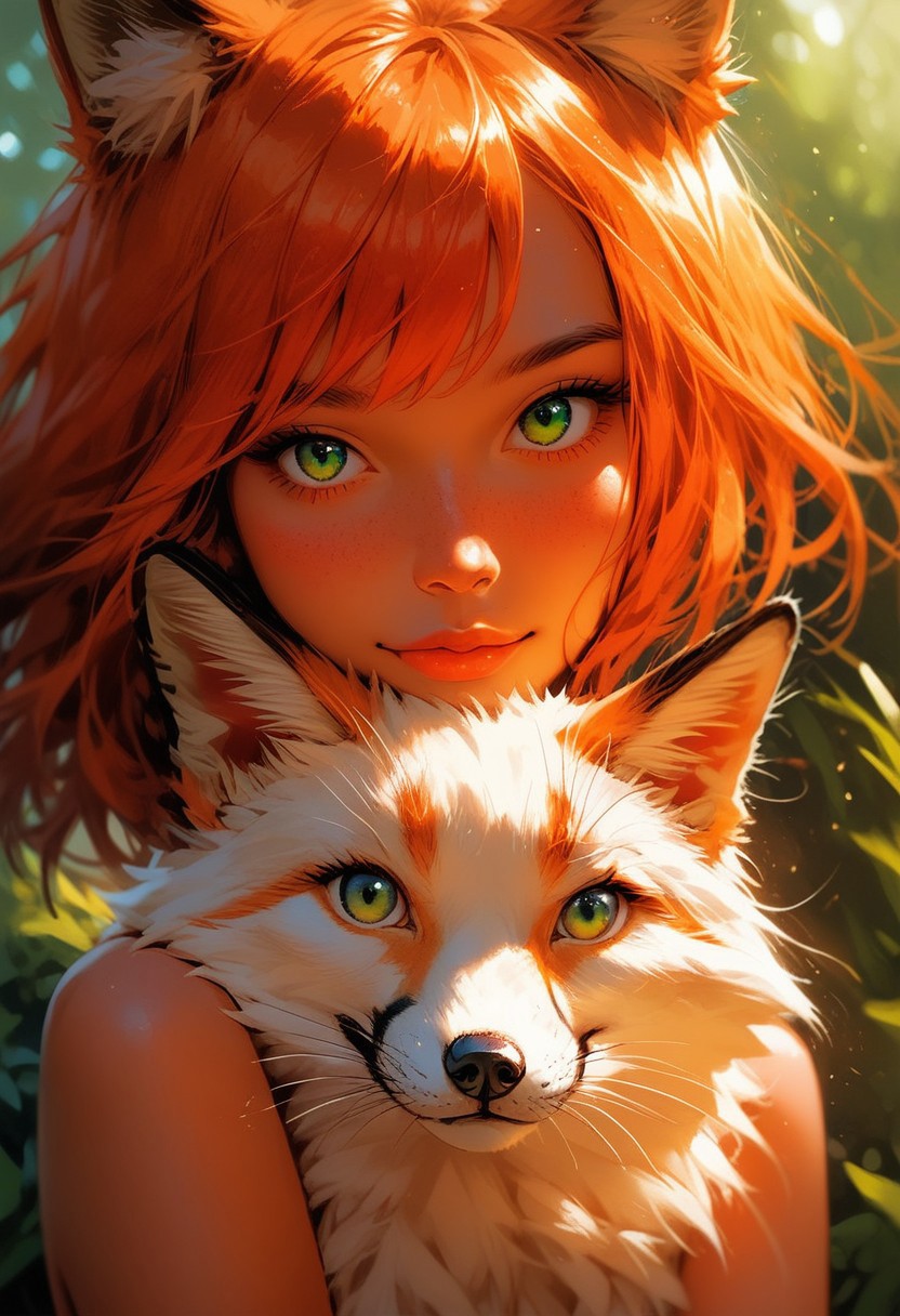 1girl, fox girl, fox ears, standing, slim, short orange hair, looking at fox, green eyes, medium breasts, horny, flirty, comic, close up, 
adoring, loving, <lora:p3tl0v3XLP:1> p3tl0v3, hugging a fox, cute, 
outside, sunlight, daylight,
score_9,score_8_up,score_7_up,score_6_up, 
expressiveH