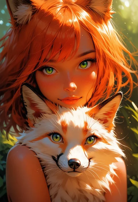 1girl, fox girl, fox ears, standing, slim, short orange hair, looking at fox, green eyes, medium breasts, horny, flirty, comic, close up,
adoring, loving, <lora:p3tl0v3XLP:1> p3tl0v3, hugging a fox, cute,
outside, sunlight, daylight,
score_9,score_8_up,score_7_up,score_6_up,
expressiveH