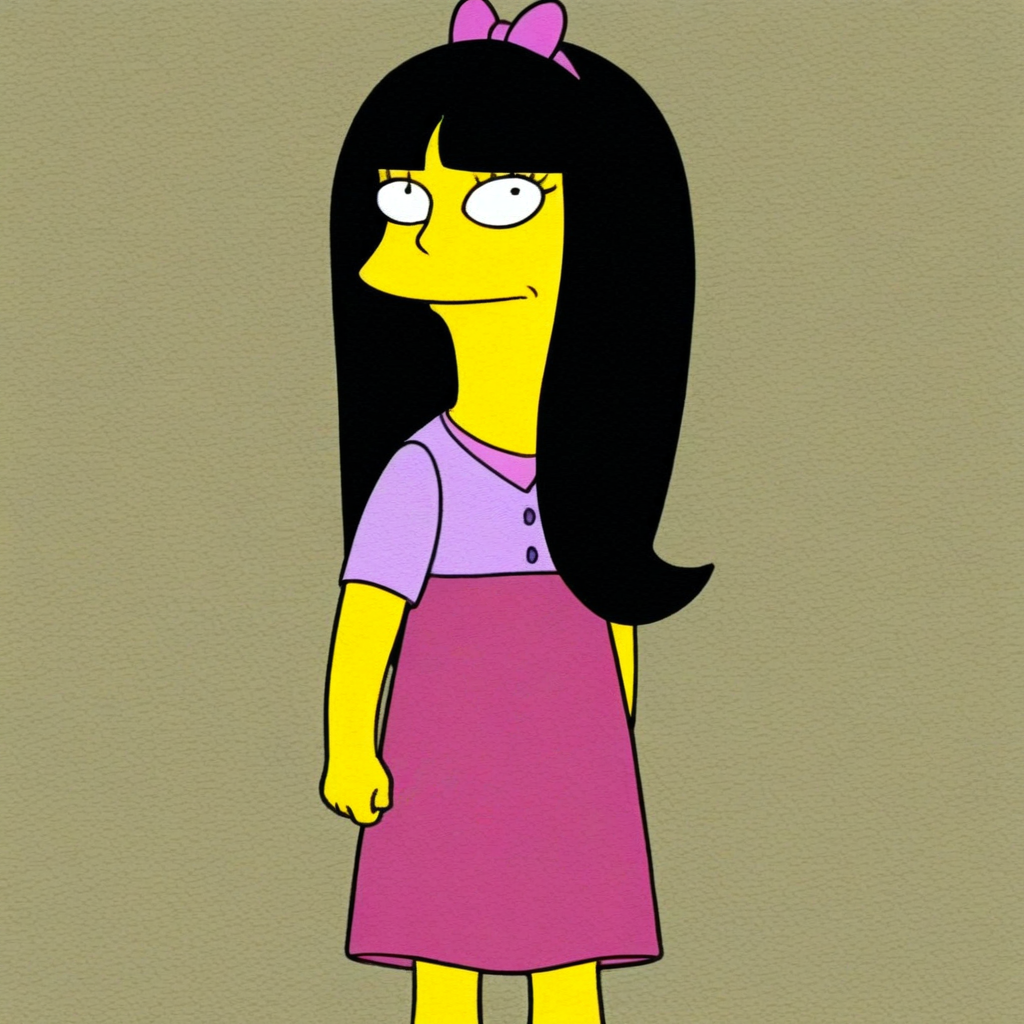 score_9, solo, jessica_lovegood, black hair, long hair, yellow skin, hair bow, dress