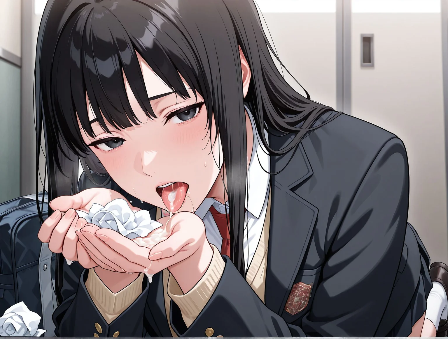 masterpiece,best quality,amazing quality,very aesthetic,absurdres,newest, huge filesize,
<lora:spo_sdxl_10ep_4k-data_lora_webui:0.5>,
<lora:add-detail-xl:1>
<lora:cum_on_hands____cum_on__tissue:0.5>cum on hands,
holding tissue, cumdrip, cum from mouth, Sperm coming out of mouth,
Use tissue to catch sperm, open mouth, tongue out, face down,looking down,looking at viewer, cupping hands, hand together,saliva, saliva trail,
cum on tongue , cumdrip onto tissue, hand up,
<lora:Inuyashiki:1> Inuyashiki_v1,
1girl, solo,
looking to the side, school bag,
long hair,necktie,
skirt,school uniform,
socks, upper body,
shoes,jacket,
blazer,cardigan,
black eyes,i_mari,black hair,