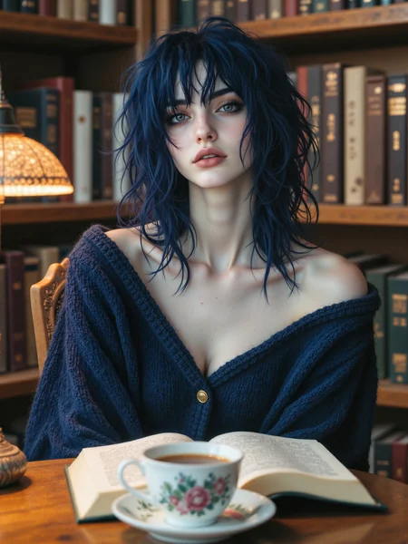 highly detailed, hyper-realistic cinematic portrait photograph capturing a serene and contemplative moment inside a grand, old-world library, the focus is on a young woman with deep blue, messy hair, detailed captivating blue-green eyes and beautiful delicate female hands, seated at a wooden table surrounded by antique bookshelves filled with leather-bound books. she is immersed in reading a large antique book, its pages illuminated by the soft golden glow of an art nouveau desk lamp, her expression is gentle with a faint smile playing on her lips, her beautiful eyes radiate curiosity and quiet joy. she is dressed in an elegant night blue sweater with a low neckline that contrasts with the warm tones of the library, her posture is relaxed but engaged, on the table there is a teacup with a floral pattern on a saucer, the antique book and the desk lamp. the background features the grandeur of the library, with its intricately carved wooden shelves stretching high up to a vaulted ceiling, the warm light filtering through stained-glass windows creates dappled patterns on the walls and floor, adding a subtle sense of wonder and timelessness to the atmosphere. the shot type is a medium close-up, three quarter view, with the camera at eye level, creating an intimate perspective, the composition is balanced with leading lines from the table and bookshelves that naturally guide the viewerâs eye toward her, the shallow depth of field blurs the distant shelves, keeping the focus on her and her immediate surroundings. the lighting is soft and diffused, blending the warm, golden tones of the desk lamp with the cool, ambient light filtering in from the stained-glass windows, subtle highlights accentuate her hairâs texture and the curve of her cheekbones, while gentle shadows add depth to her features and the folds of her sweater. the photograph is rendered with hyper-realistic precision, capturing every detail from the fine texture of the book pages to the subtle floral pattern on the porcelain teacup, the rich, warm color palette of the scene enhances the feeling of comfort and intellectual curiosity, the interplay of light and shadow across the setting creates a cinematic quality. shot on a medium-format camera with an 80mm f/2.8 lens for unparalleled sharpness and natural bokeh, fictionalopal, aidmafluxpro1.1,
<lora:opal-character-flux-by_meower2024:1.0>
<lora:flux_pro1.1_detailer-v0.2-flux-by_aidma:0.6>