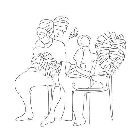 aaAR7la, masterpiece, best quality, aesthetic, highres, simple background, white background, Black-and-white, one line drawing, lineart, multiple people, outline, abstract, see-through, transparent, faceless, sitting, invisible chair, full body, intriguing details, dancing, Monstera deliciosa, plants, leaves