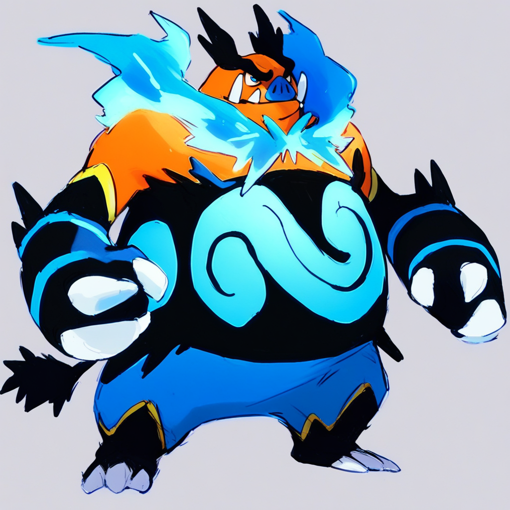 score_7_up, score_8_up, emboar, shiny pokemon, blue flames around neck, tusks, blue pattern on belly, claws, full body, angry expression, simple background,