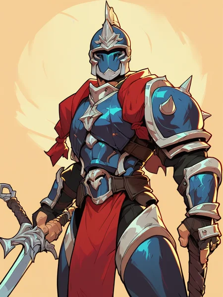 score_9, score_8_up, score_7_up, 1boy, armored, big boy, helmet, smile, holding sword, looking at viewer, cowboy shot, smile, wide shot, solo, portrait, hands at side,
<lora:2XKO_style:1>, 2XKO, wide shot,