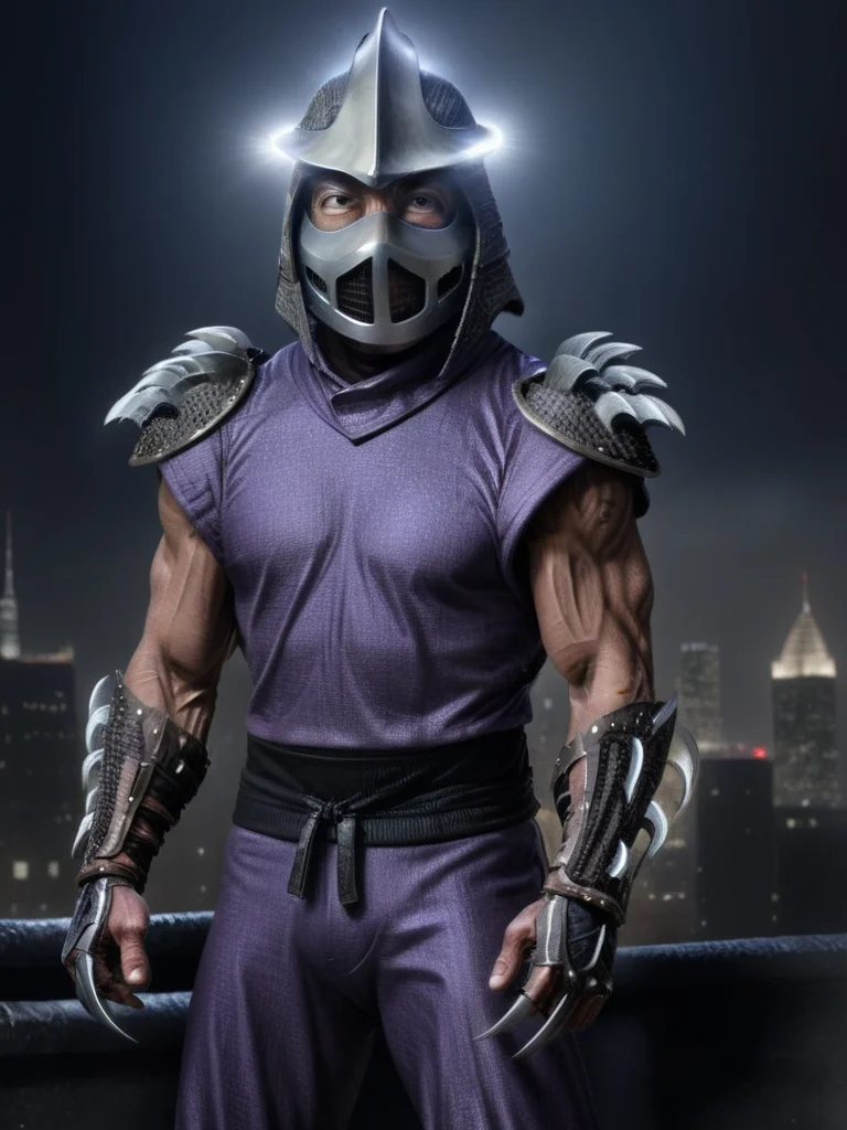 TMNTShredder 1man armored samurai knight with claw gauntlets, wearing a purple outfit with pauldrons and metal samurai helmet with mask and armored boots, standing on a city rooftop at night, skyscrapers and rooftops and city lights and night sky in the background, photorealistic, cinematic, full body shot, muscular, fitness physique, <lora:90s_TMNT_Shredder_SDXL:1>