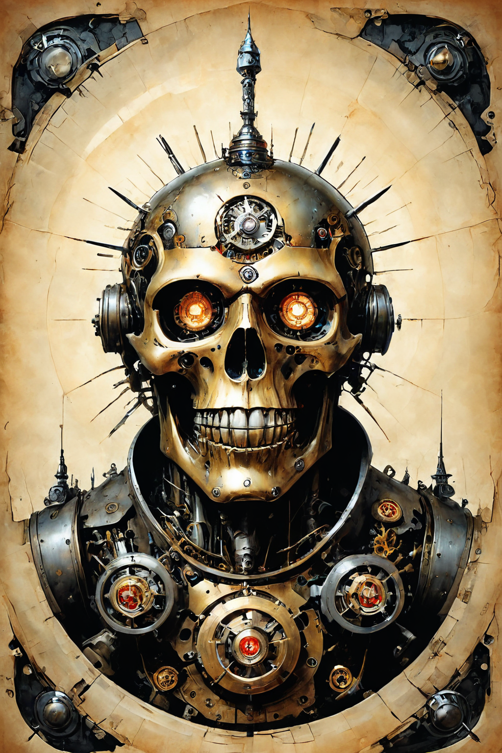 Detailed digital illustration a Clockwork colossus with precise mechanical movements at a Underground bunker surviving nuclear fallout, <lora:Ethereal_Grace:0.7>,  <lora:ParchartXL-1.5:0.7> on parchment, ink illustration, <lora:just_another_Cyborg_LoRa_SDXL:0.7> cyborg