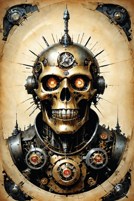 Detailed digital illustration a Clockwork colossus with precise mechanical movements at a Underground bunker surviving nuclear fallout, <lora:Ethereal_Grace:0.7>,  <lora:ParchartXL-1.5:0.7> on parchment, ink illustration, <lora:just_another_Cyborg_LoRa_SDXL:0.7> cyborg