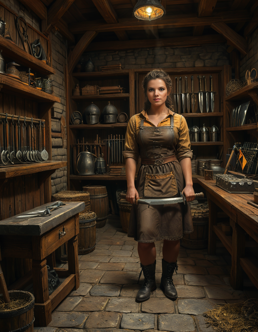 looking at viewer,A strong and elegant female blacksmith standing confidently in her medieval forge shop,medieval f0rg3 sh0p. She has a determined expression on her face, with soot and ash lightly marking her skin. She is wearing a thick leather apron with scorch marks, a rolled-up linen shirt underneath, and sturdy boots. Her muscular arms are visible, showing the strength of her craft. She holds a glowing hammer in one hand, recently pulled from the forge, with faint sparks flying around. The background shows a dimly lit, rustic workshop filled with medieval tools: an anvil, a glowing furnace, hanging tongs, and shelves lined with metallic objects like swords and horseshoes. The warm orange glow of the fire contrasts beautifully with the dark, shadowy corners of the shop. The atmosphere is filled with details of realism, evoking a sense of hard work and medieval craftsmanship.<lora:SDXLFaeTastic2400:0.4> <lora:extremely_detailed:0.4> extremely detailed, <lora:medieval_f0rg3_sh0p:1>, Masterpiece,best quality,hi res,8k,hi res,8k,award winning,(sharp focus, intricate, highly detailed),