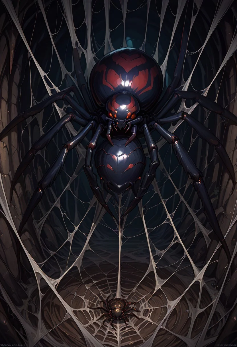 BREAK   dark webbed cave background, cobweb background, suspension, (((very big spiders crawling, giant spiders))) 5 spiders, a lot of spiders, (((spider nest)))