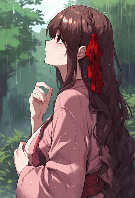 score_9, score_8_up, score_7_up, score_6_up, source_anime, rating_explicit, 1girl, (solo:1.1), huge breasts, <lora:Geum Saryeon prefectPonyxl:0.8> wavy hair, long hair, brown hair, red eyes, hair ribbon, red ribbon, single braid, red hair, sidelocks, japanese clothes, pink kimono, red sash, long sleeves, wide sleeves, expressionless, rain, forest, outdoors, looking up, from side, wet, hand up