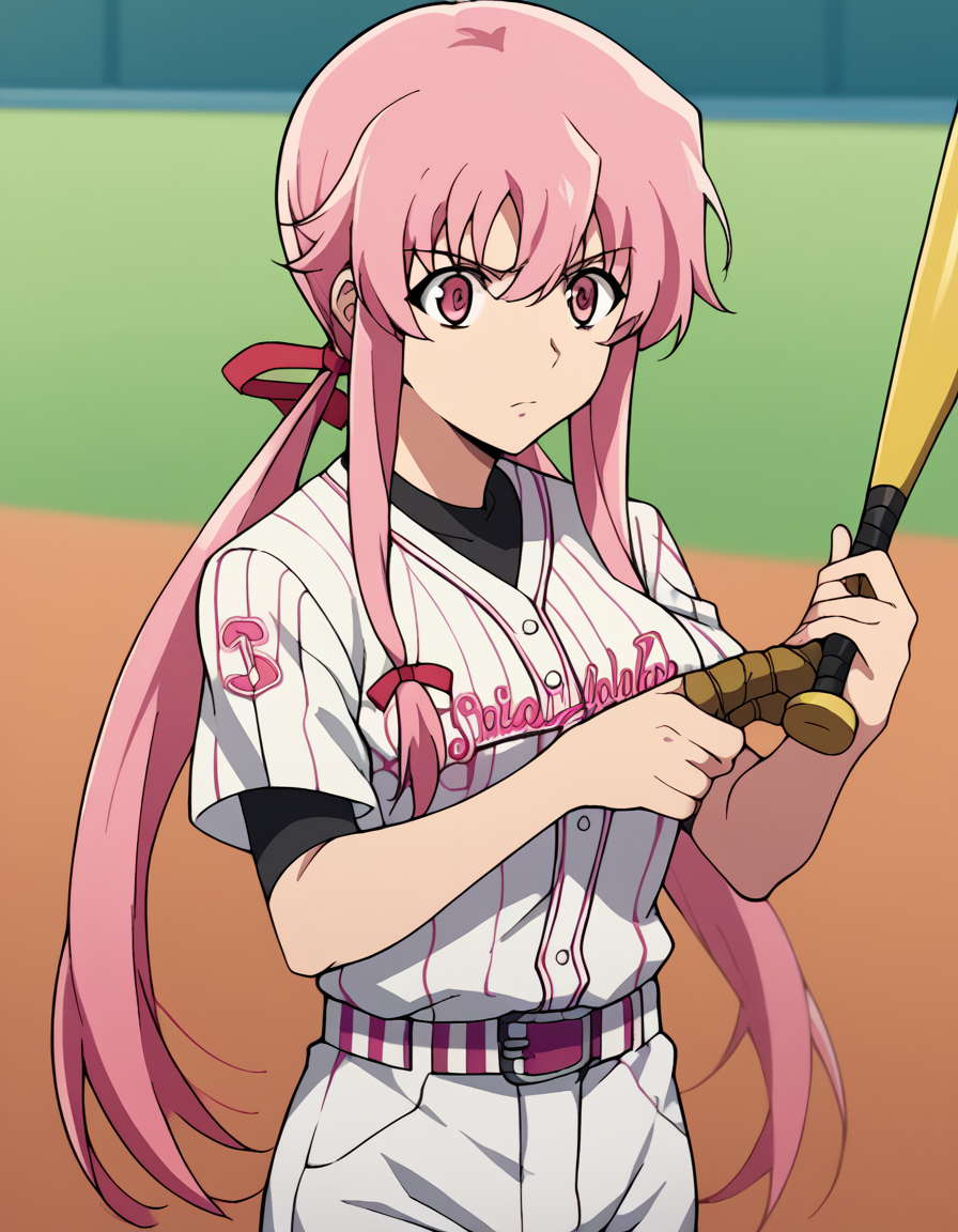 score_9, score_8_up, score_7_up, source_anime, <lora:yuno-gasai-s1-ponyxl-lora-nochekaiser:1>, yuno gasai, long hair, pink hair, pink eyes, sidelocks, ribbon, red ribbon, hair ribbon, twintails, medium breasts,, <lora:baseball-uniform-ponyxl-lora-nochekaiser:1> baseball uniform, baseball, striped belt, shirt under shirt, sportswear, ribbed shirt, baseball helmet, baseball bat, baseball jersey, baseball field, holding baseball bat,, , cowboy shot,