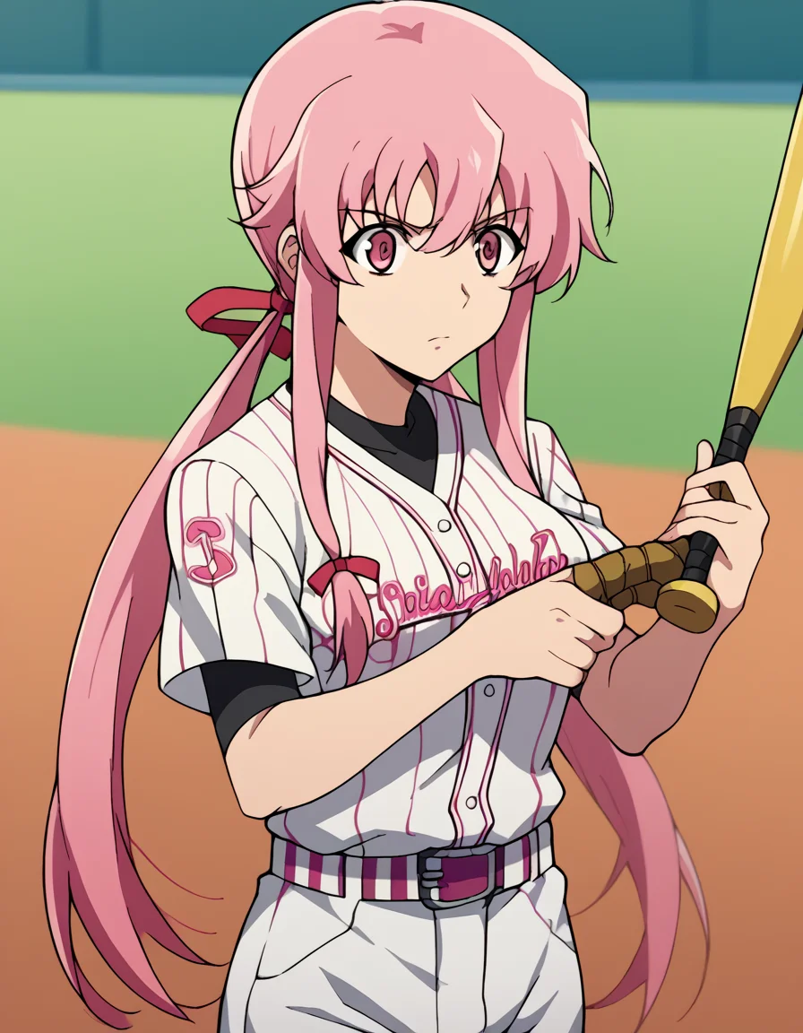 score_9, score_8_up, score_7_up, source_anime, <lora:yuno-gasai-s1-ponyxl-lora-nochekaiser:1>, yuno gasai, long hair, pink hair, pink eyes, sidelocks, ribbon, red ribbon, hair ribbon, twintails, medium breasts,, <lora:baseball-uniform-ponyxl-lora-nochekaiser:1> baseball uniform, baseball, striped belt, shirt under shirt, sportswear, ribbed shirt, baseball helmet, baseball bat, baseball jersey, baseball field, holding baseball bat,, , cowboy shot,